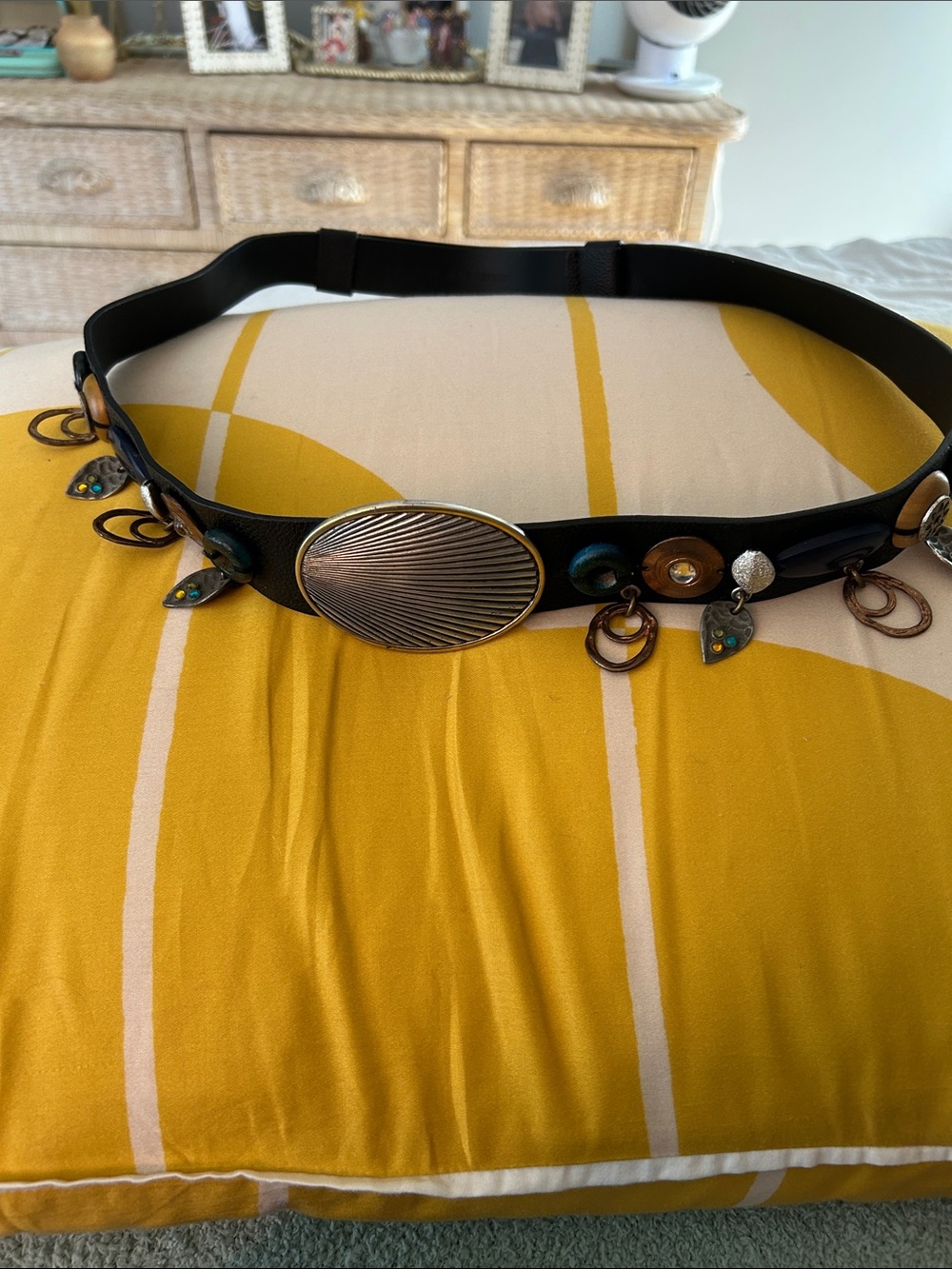 Black Decorative Leather Adjustable Top Belt with Silver Oval Buckle